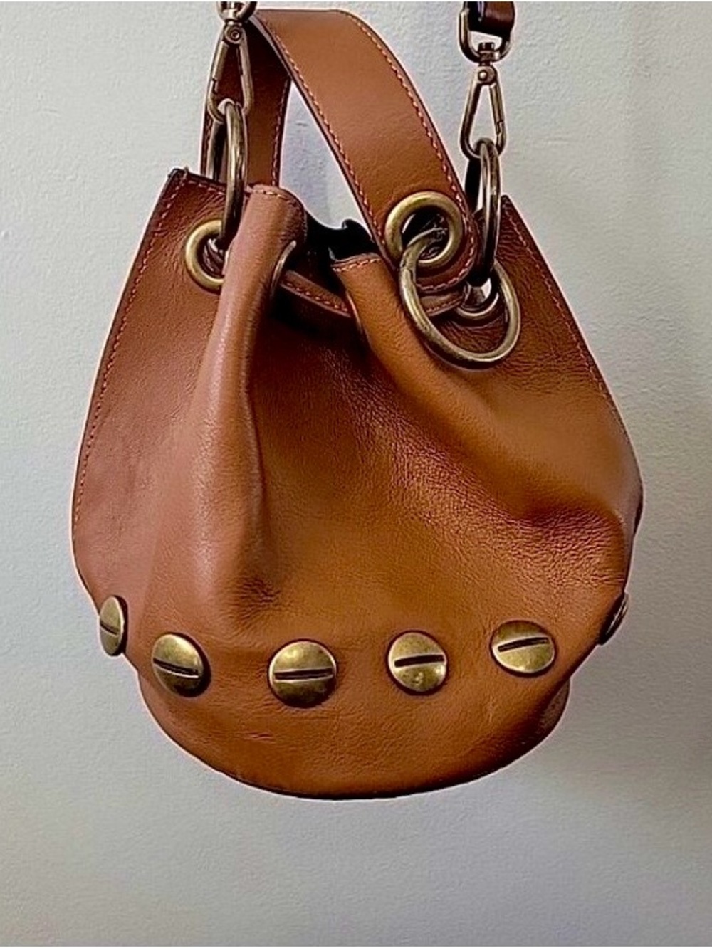 Brown Leather Drawstring Satchel Shoulder Bag